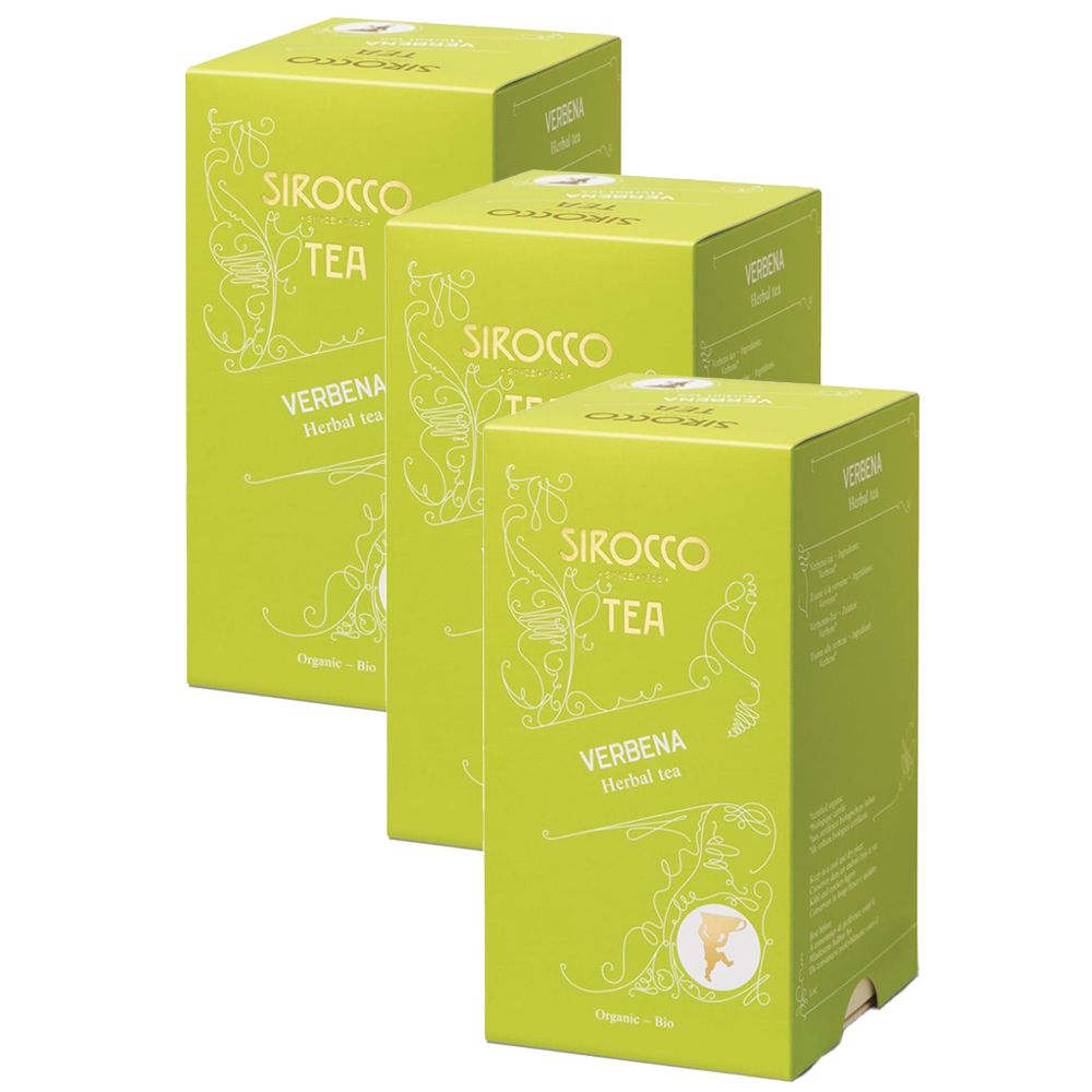 Trois boîtes vertes de SIROCCO TEA Verveine. Inscription : VERBENA, tisane. Label bio.