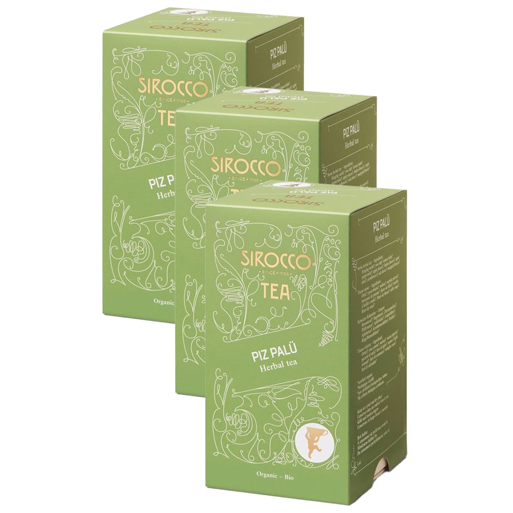 Trois boîtes de thé SIROCCO vertes. Inscription : Piz Palü, tisane. Avec motif floral et logo.