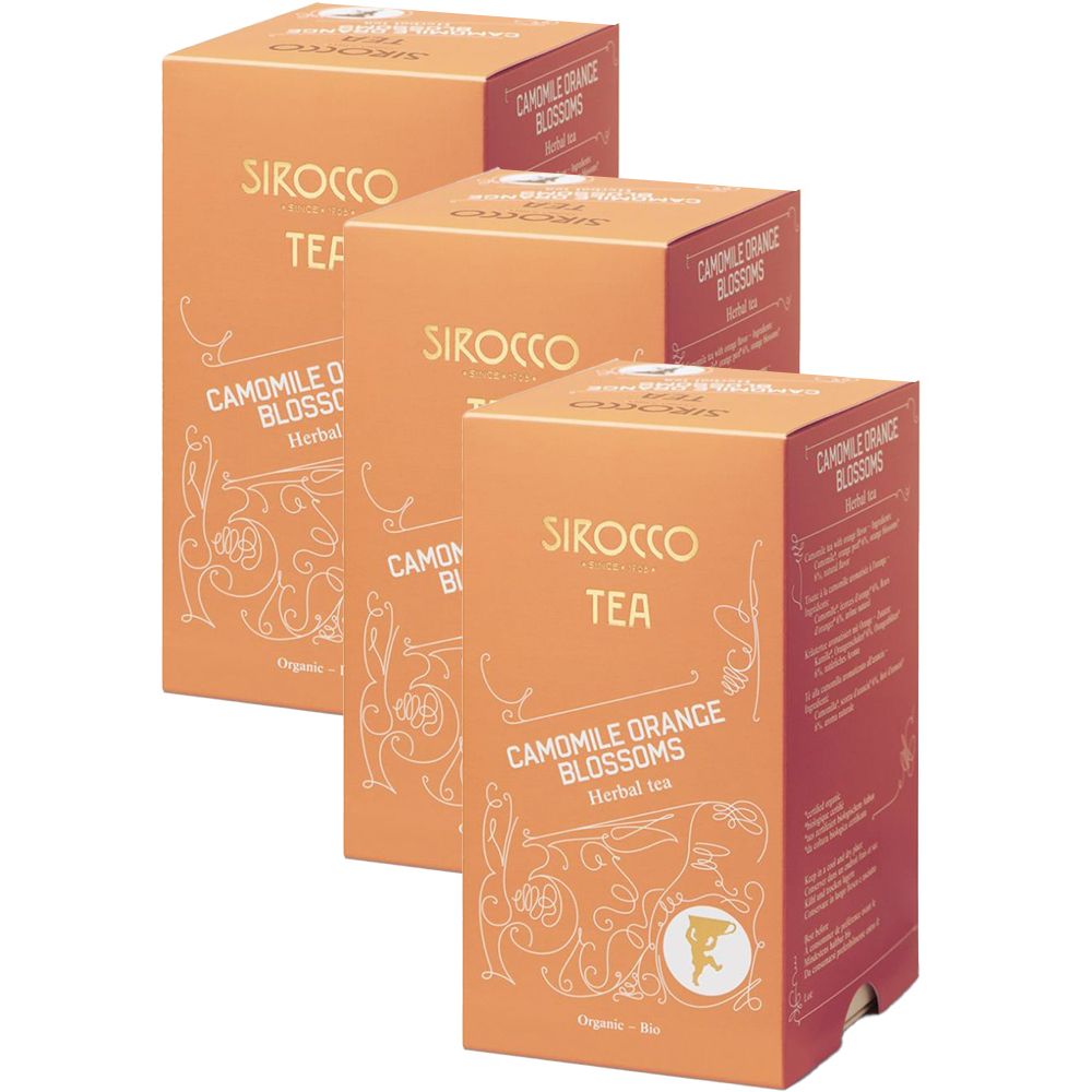 Trois boîtes de thé SIROCCO. Inscription : CAMOMILE ORANGE BLOSSOMS. Emballage orange avec texte et illustrations blancs.