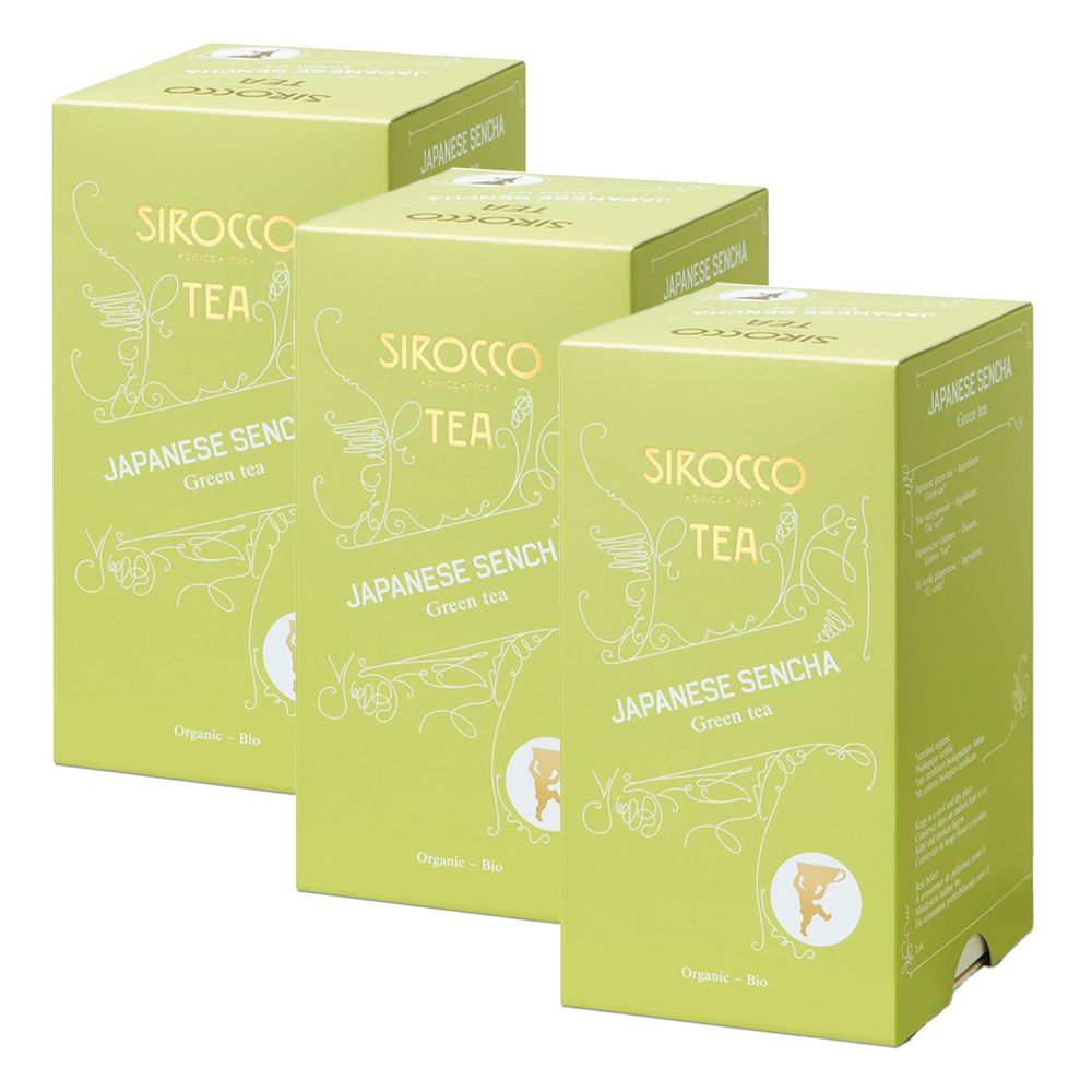 Trois boîtes vertes. Inscription : SIROCCO TEA, JAPANESE SENCHA, Green tea. Organique - Bio.