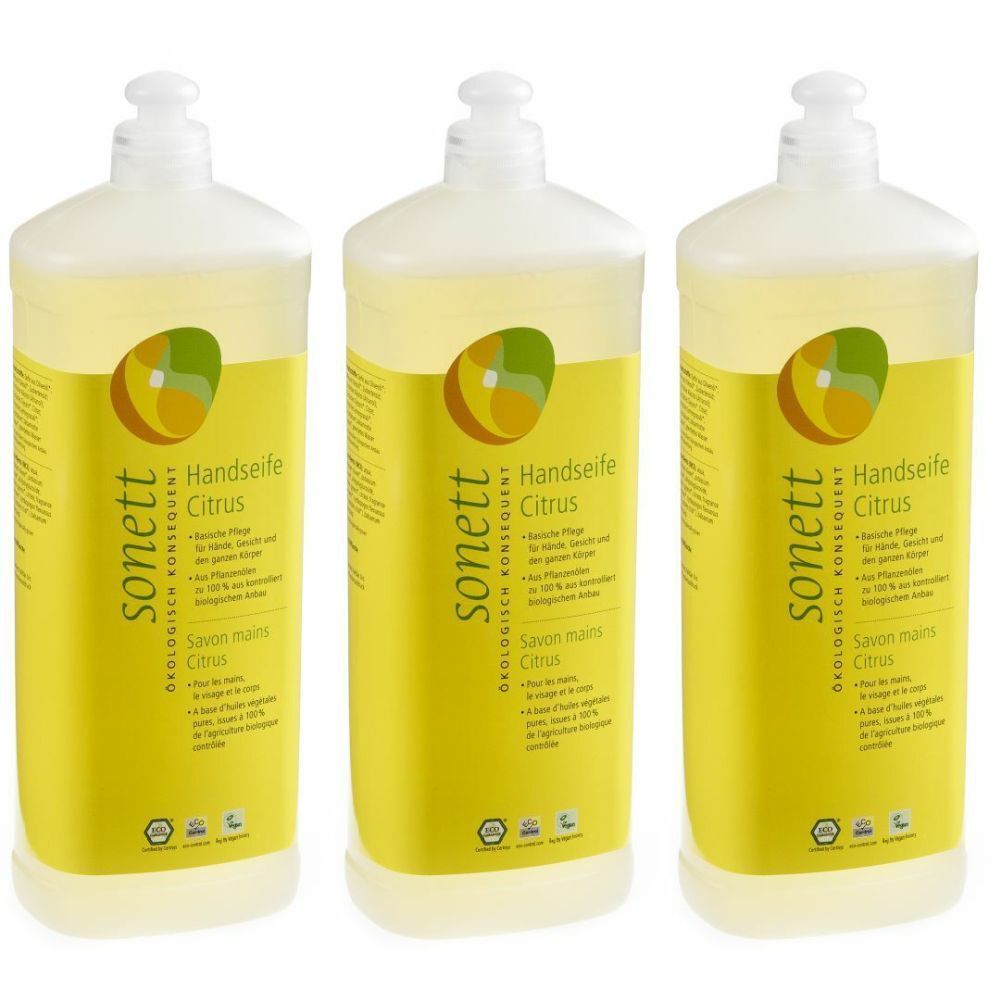 Trois flacons de liquide jaune. Inscription "sonett Handseife Citrus". Logo vert et jaune et texte. Bouchon transparent.