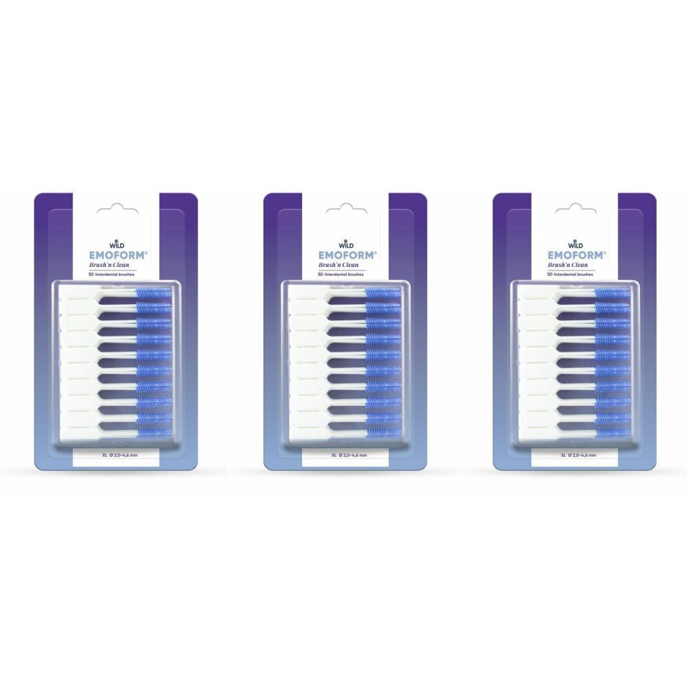 Trois emballages de EMOFORM Brush'n Clean. Chaque emballage contient des brossettes interdentaires avec des poils blancs et bleus.