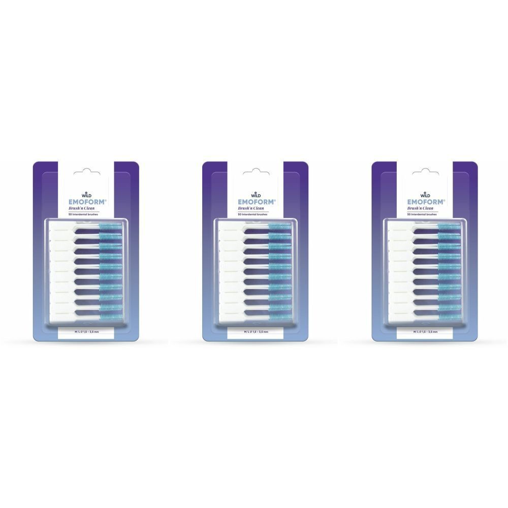 Trois emballages blister de EMOFORM Brush'n Clean. Chaque emballage contient une rangée de têtes de brosse avec des soies bleues.