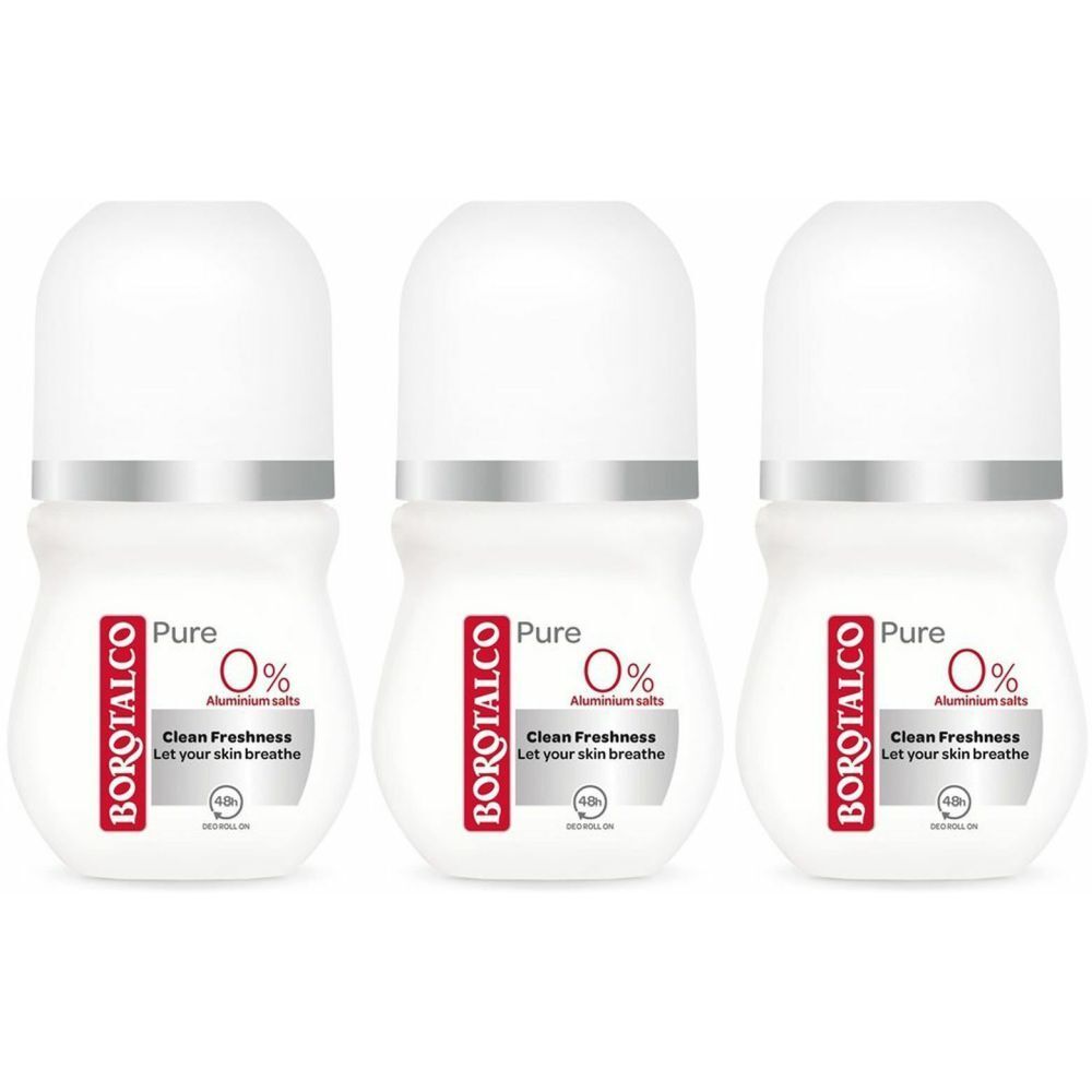 Trois déodorants roll-on blancs avec bouchons blancs et anneaux argentés. Inscription : BOROTALCO Pure 0% Clean Freshness.