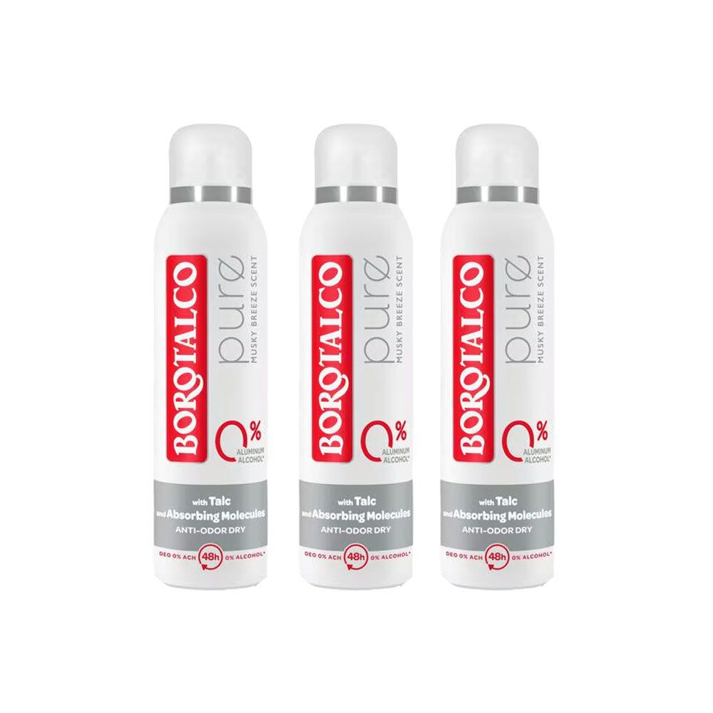 Trois vaporisateurs de déodorant blancs avec lettrage rouge. Inscription : BOROTALCO, pure, 0% aluminium. Avec talc et molécules absorbantes.