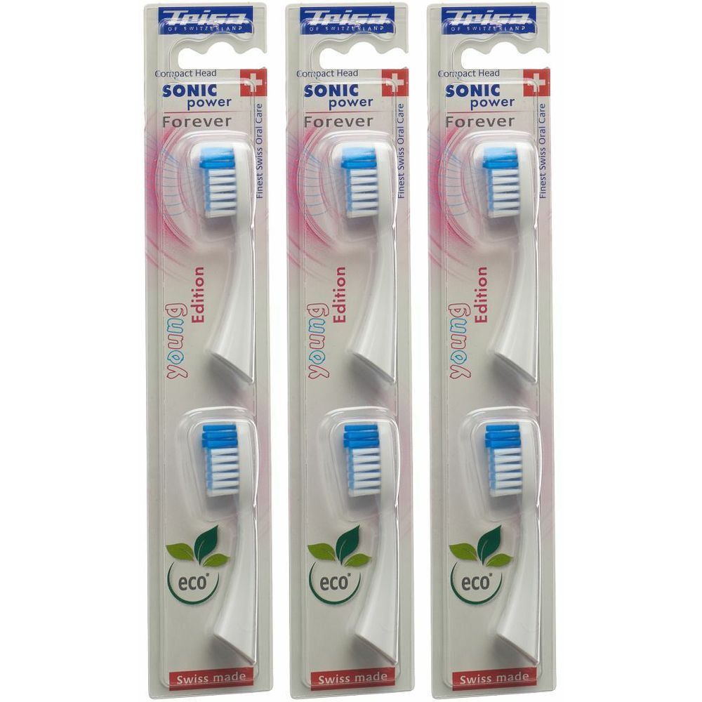 Trois têtes de brosse de rechange pour brosses à dents électriques. Manches blancs, soies bleues. Emballage avec nom et logo du produit.