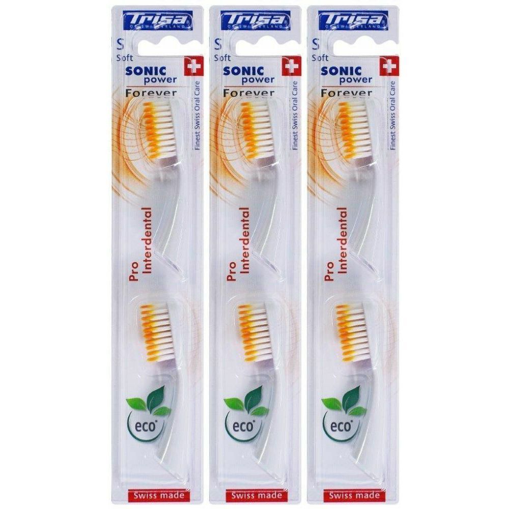 Trois têtes de brosse à dents dans un emballage blister. Inscription : Trisa Sonicpower Forever Pro Interdental. Avec croix suisse et logo Eco.
