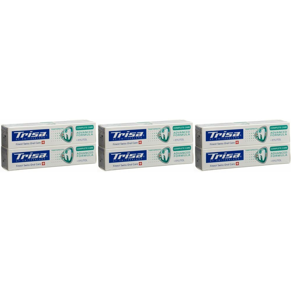 Plusieurs boîtes de dentifrice. Boîtes blanches avec design bleu et vert. Marque : Trisa. Croix suisse.