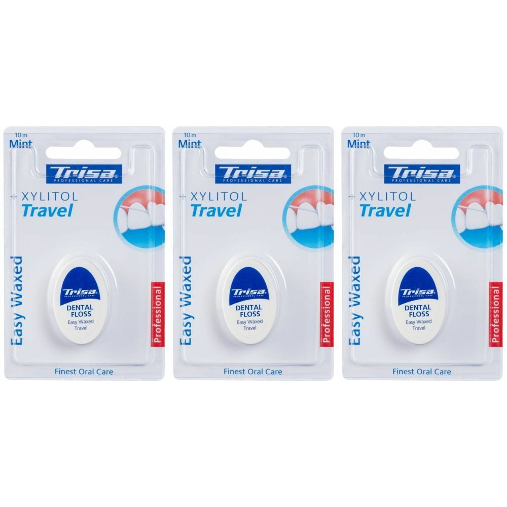 Trois paquets de fil dentaire. Récipients ovales blancs en blister. Inscription : Trisa, Xylitol Travel, Dental Floss.