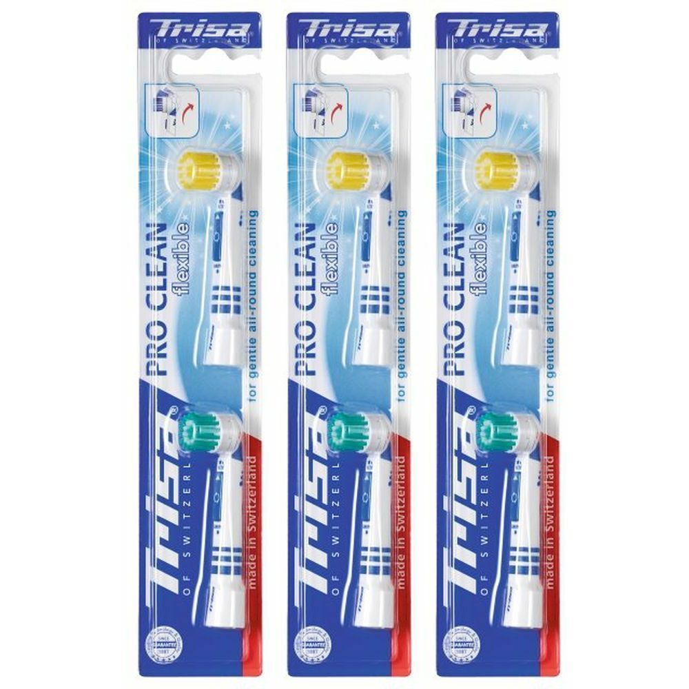 Trois têtes de brosse à dents dans un emballage blister. Marque : Trisa. Nom du produit : Pro Clean flexible. Fabriqué en Suisse.