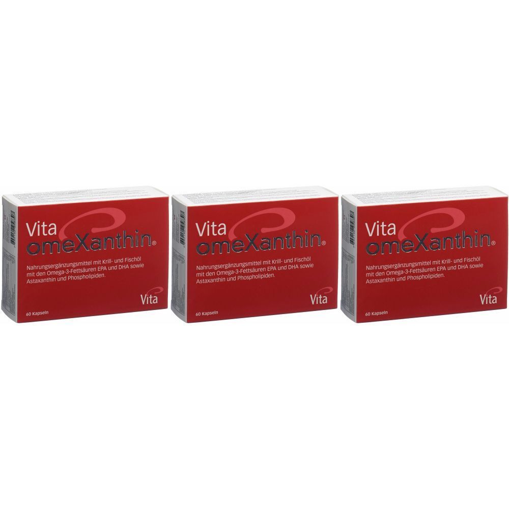 Trois boîtes rouges "Vita Omexanthin". Inscription blanche. 60 gélules. Marque Vita.