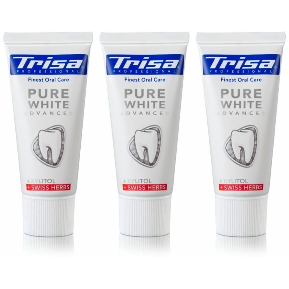 Trois tubes de dentifrice. Inscription: Trisa, Pure White, Swiss Herbs. Blanc, bleu, rouge. Symbole de dent.
