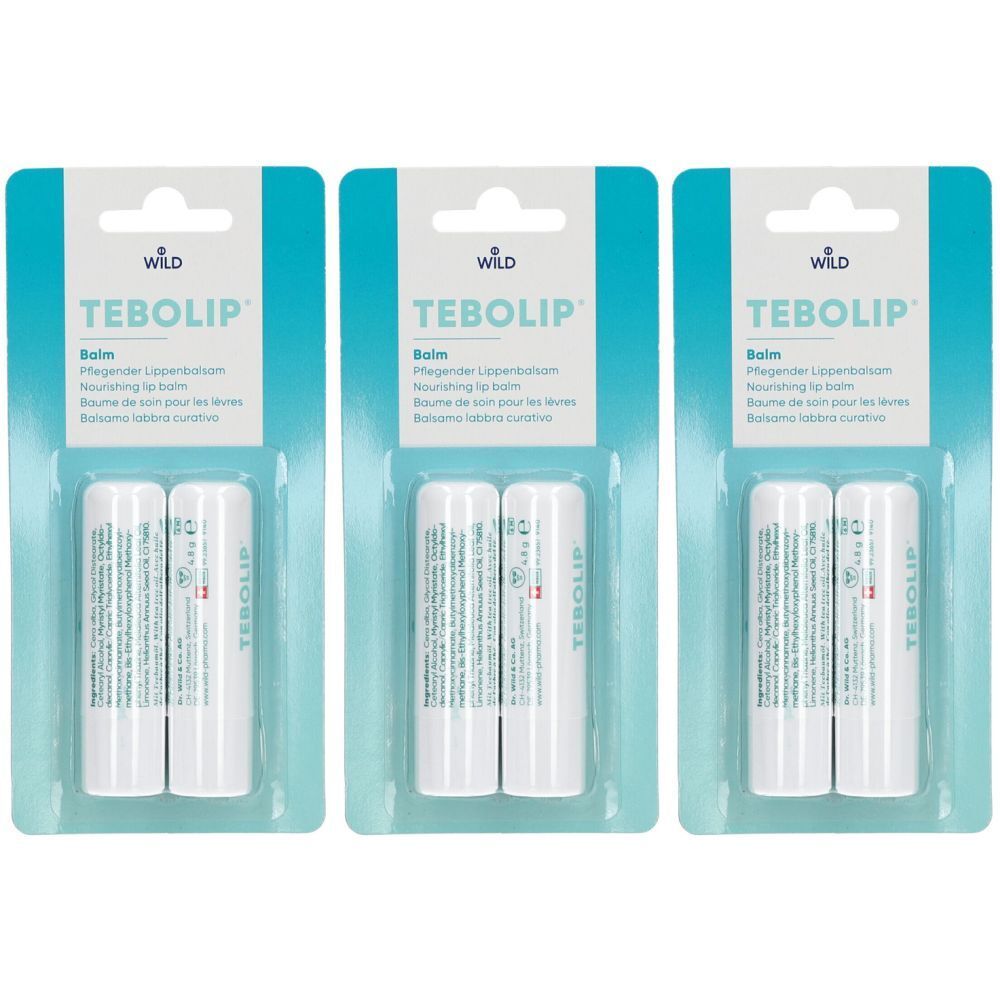 Trois emballages de TEBOLIP Balm Duo. Chaque emballage contient deux sticks à lèvres blancs. L'emballage porte les mentions "TEBOLIP" et "Balm".