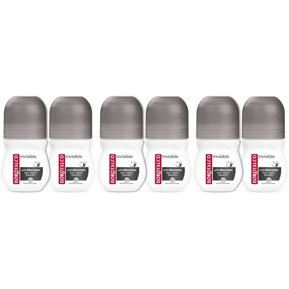 Six déodorants roll-on avec bouchons gris. Inscription : BOROTALCO Invisible. Avec micro-particules pour une protection supplémentaire.