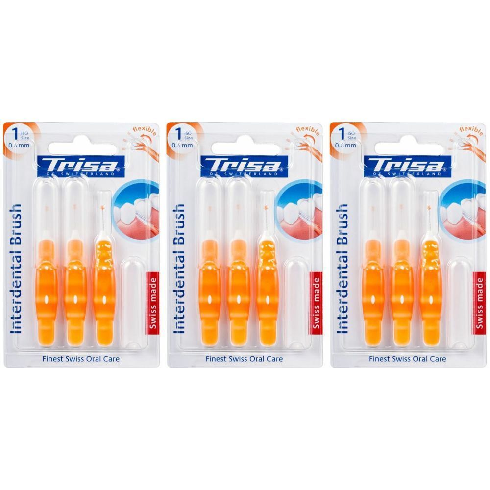 Trois emballages de brosses interdentaires. Chaque emballage contient plusieurs brosses avec des manches orange. Marque : Trisa.