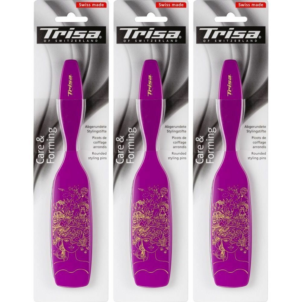 Trois peignes à coiffer violets avec motif doré, emballés sous blister. Marque : Trisa, Swiss made.