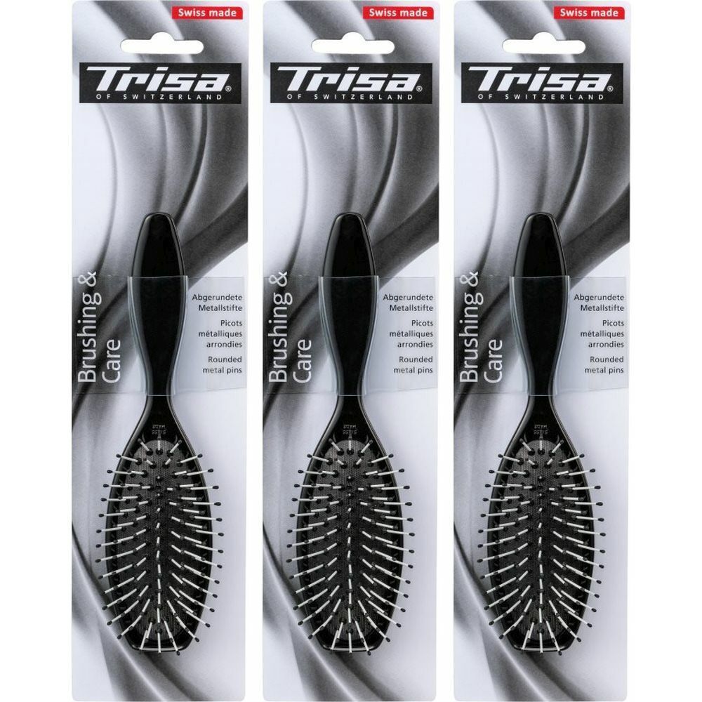 Trois brosses à cheveux emballées. Manches noirs, têtes ovales avec picots métalliques. Marque : Trisa.