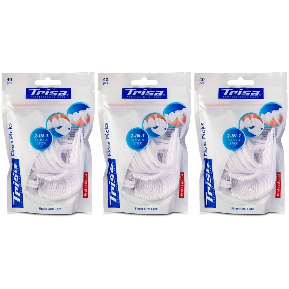Trois paquets de bâtonnets de fil dentaire Trisa. Chaque paquet contient 40 pièces. Inscription : 2-en-1 Floss & Stick.