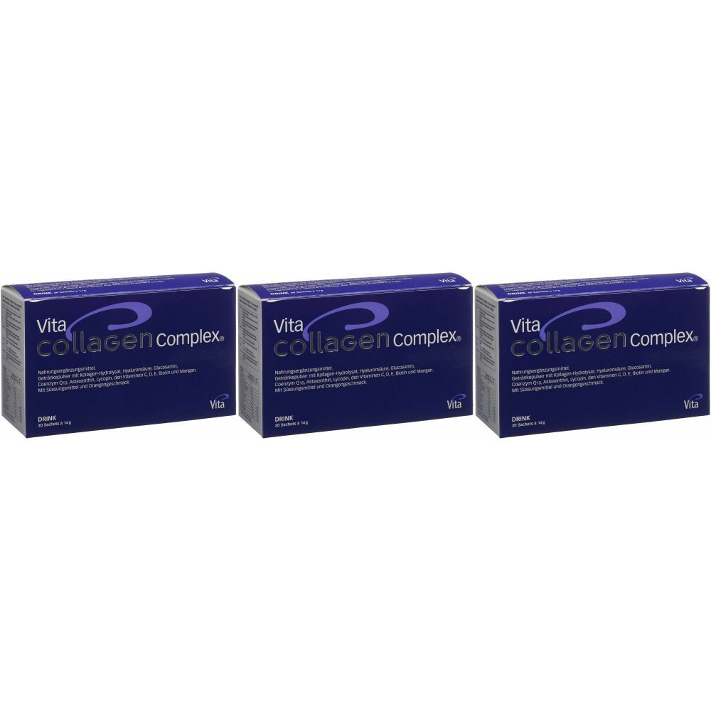 Trois boîtes de Vita Collagen Complex® avec emballage bleu. Inscription : Vita Collagen Complex.