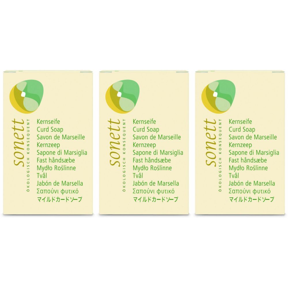 Trois emballages rectangulaires de savon. Chaque emballage porte le nom "sonett" et des désignations de produits en plusieurs langues.