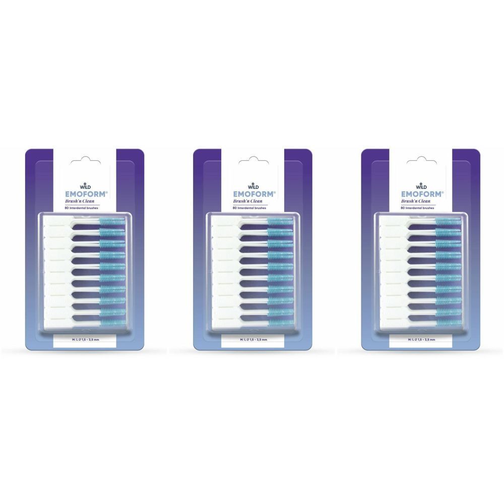Trois paquets de brossettes interdentaires. Chaque paquet contient des brosses avec des poils blancs et bleus. Le nom "EMOFORM" est visible sur chaque paquet.