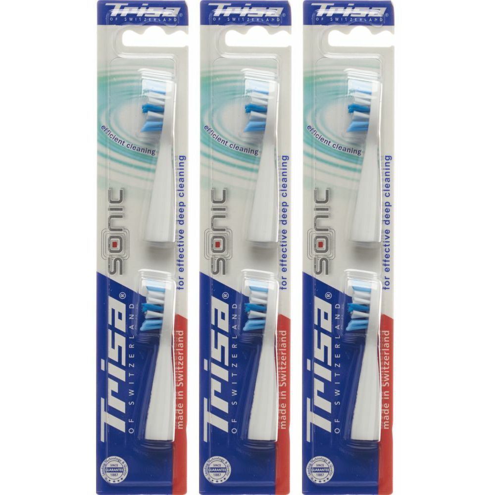 Trois têtes de brosse à dents dans un emballage blister. Inscription : Trisa Sonic, fabriqué en Suisse. Pour un nettoyage en profondeur efficace.