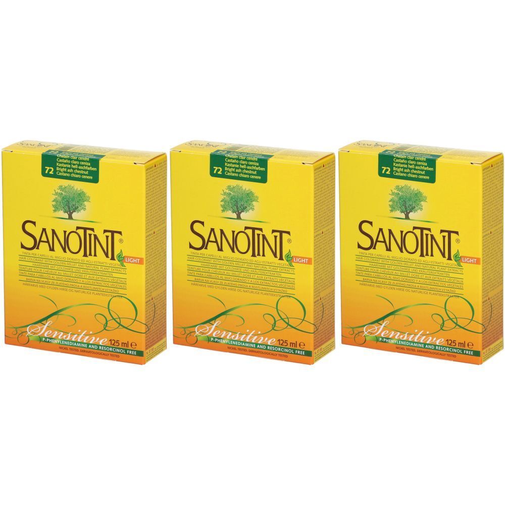 Trois boîtes jaunes avec le logo SANOTINT et le nom du produit. Inscription "Sensitive" et "125 ml".