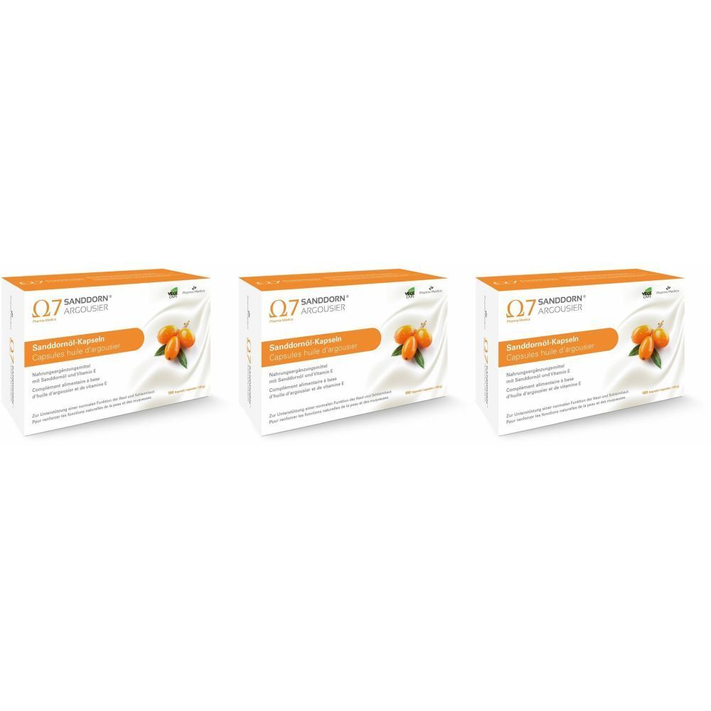 Trois boîtes avec impression du produit. Inscription : Sanddorn Argousier Omega 7, capsules. Illustration de baies d'argousier.