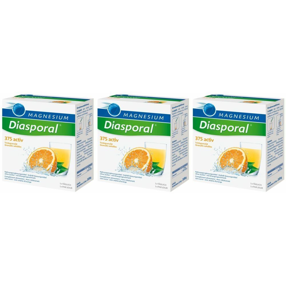Trois boîtes de MAGNESIUM Diasporal 375 activ. Logo, nom du produit et image d'une orange et d'une boisson sont visibles.