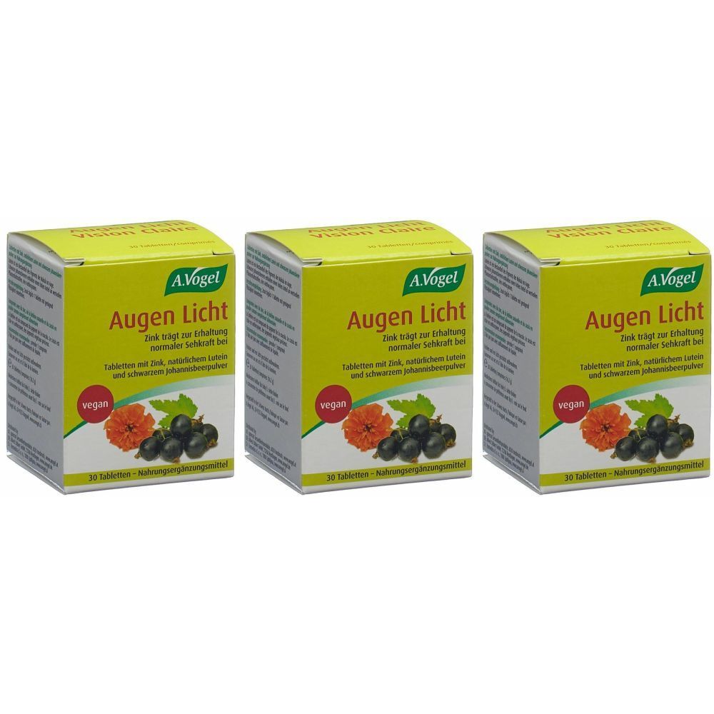 Trois boîtes de A. Vogel Augen Licht. Emballage jaune avec nom du produit et illustration de fruits. Label végan.