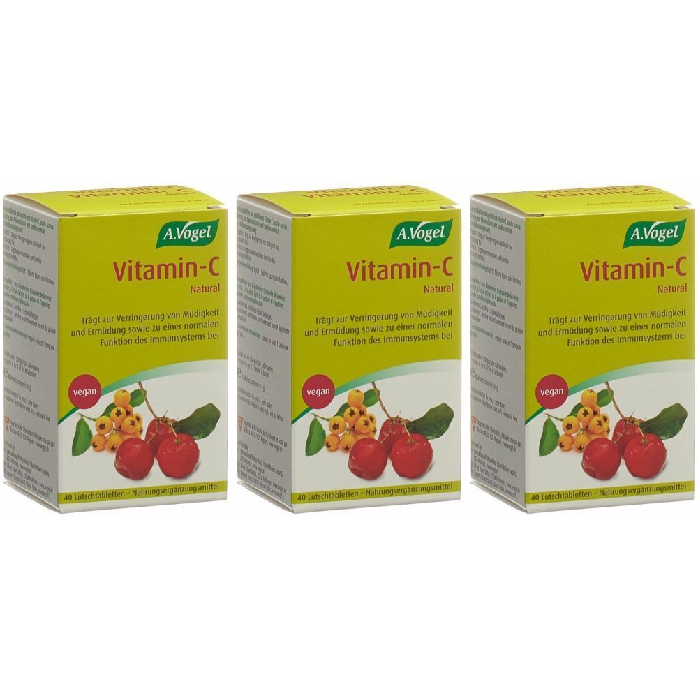 Trois boîtes de A.Vogel Vitamin-C Natural. Emballage jaune avec nom du produit, illustrations de fruits et le label végétalien.