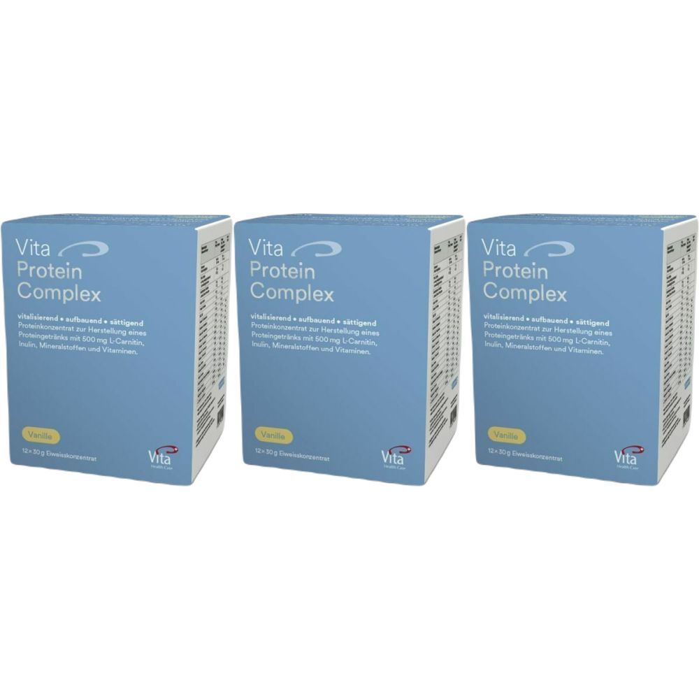Trois boîtes bleues avec l'inscription "Vita Protein Complex". Inscription en allemand. Logo "Vita".