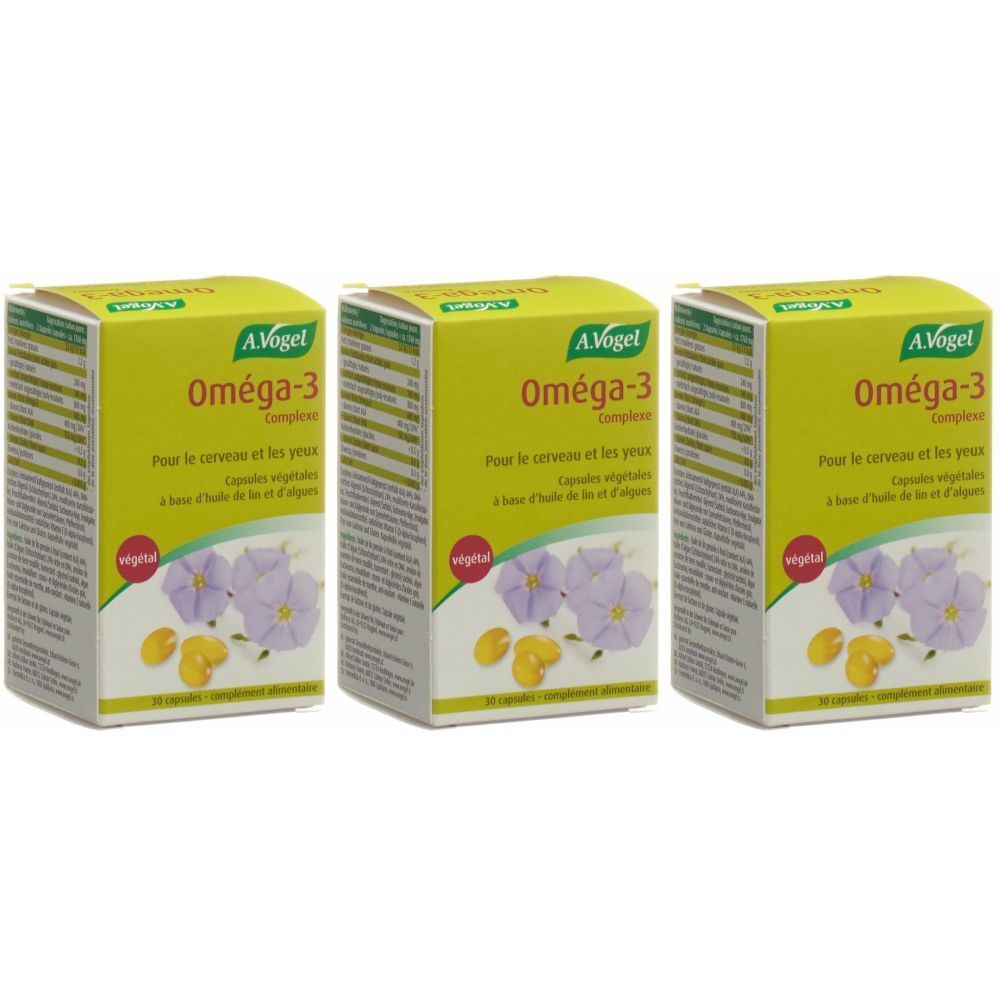Trois boîtes A. Vogel Oméga-3. Emballage jaune avec nom du produit et motifs floraux. Capsules pour la santé.