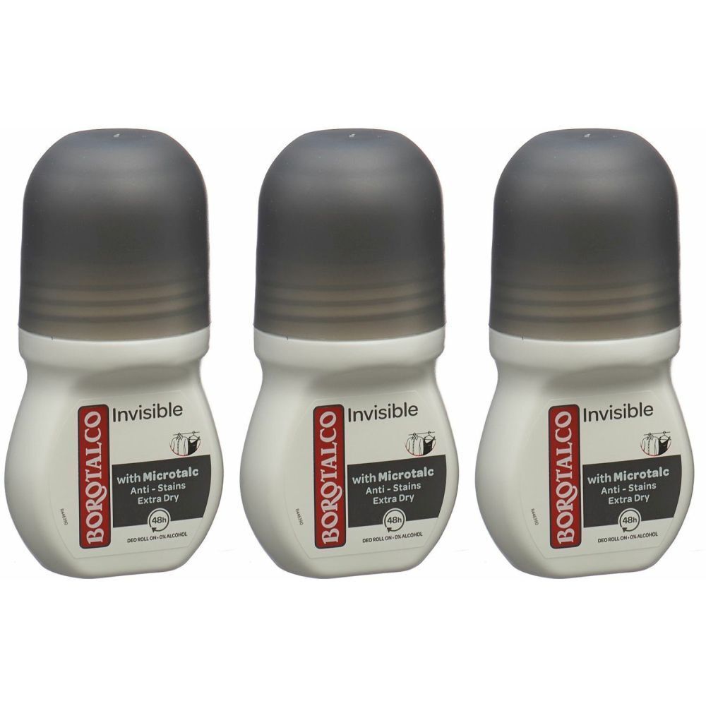 Trois déodorants roll-on. Flacons blancs avec bouchons gris. Inscription : BOROTALCO Invisible, avec Microtalc, Anti-taches, Extra Dry.