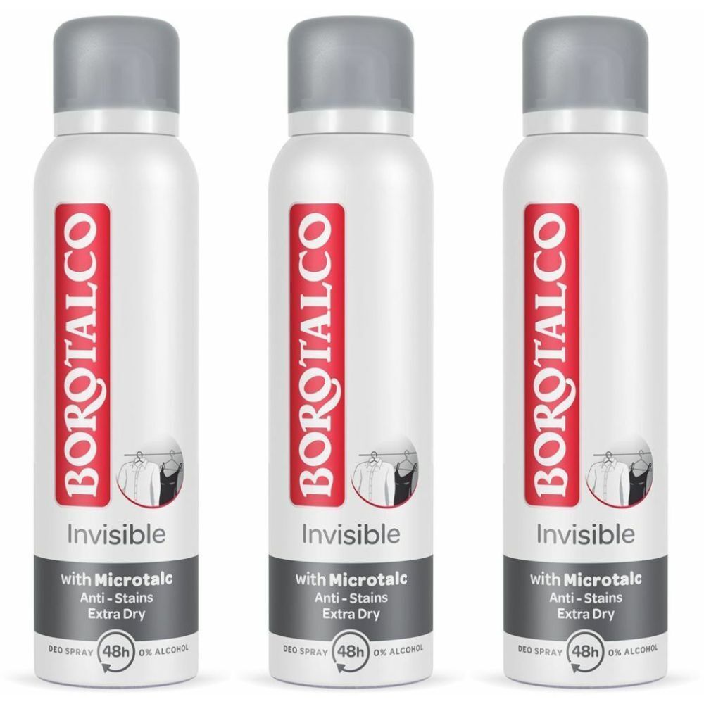 Trois déodorants blancs avec bouchons gris. Bande rouge avec logo BOROTALCO. Texte : Invisible, Microtalc, Anti-taches, Extra Dry.