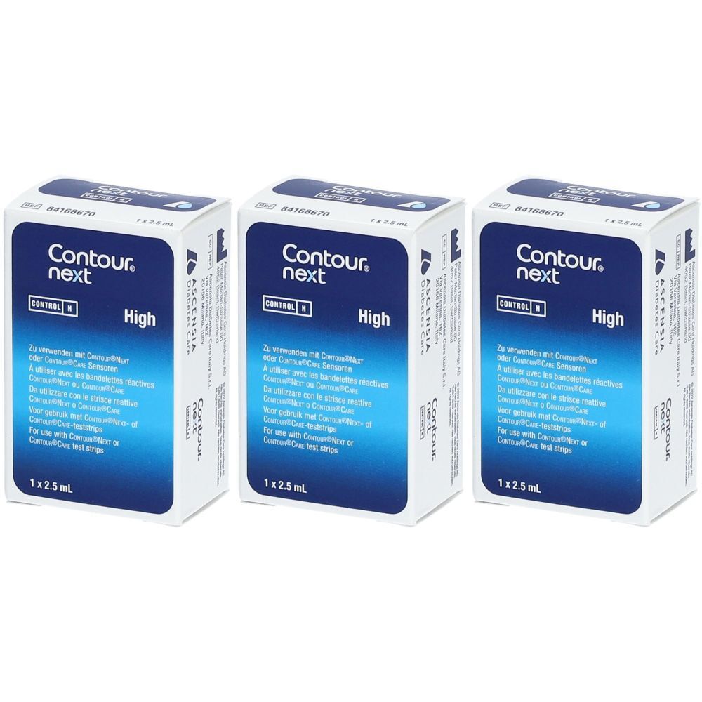 Trois boîtes de solution de contrôle Contour Next. Emballage bleu et blanc avec nom du produit et indication "High".