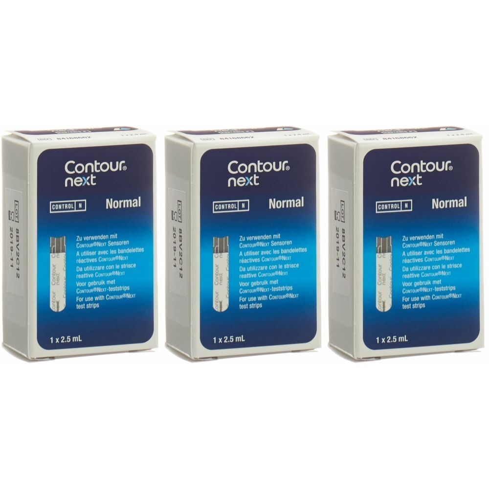 Trois boîtes de solution de contrôle Contour Next. Chaque boîte a un devant bleu avec le nom du produit et du texte. 1 x 2,5 ml.