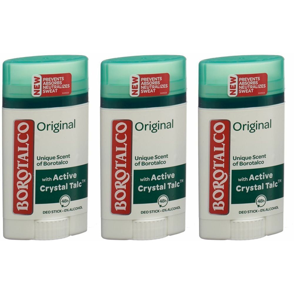 Trois déodorants stick avec couvercles verts. Inscription: BOROTALCO Original, avec Active Crystal Talc. Contient le texte: Prevents, Absorbs, Neutralizes Sweat.