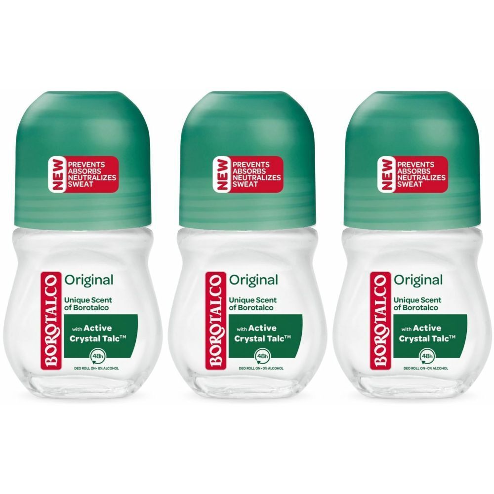 Trois déodorants roll-on BOROTALCO Original. Flacons blancs avec bouchons verts. Étiquettes rouges avec texte.