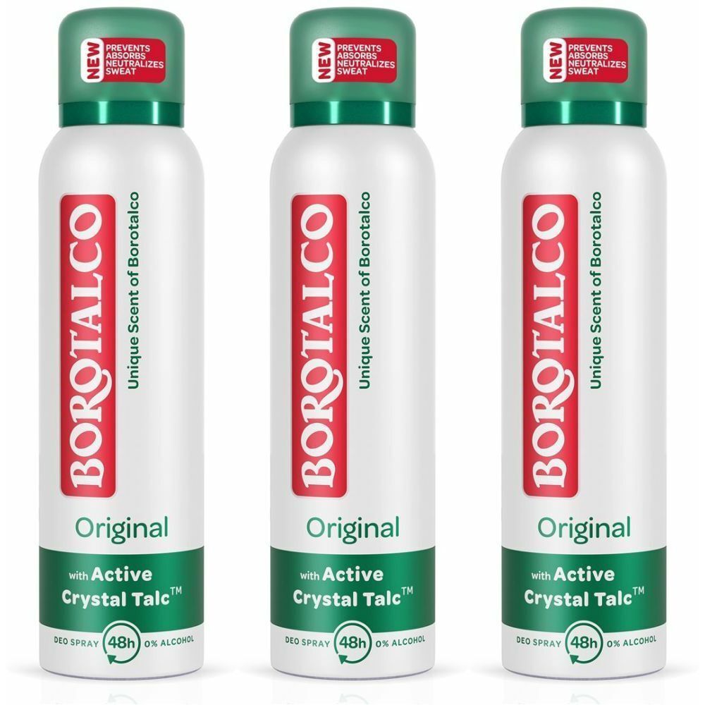 Trois sprays blancs avec bouchon vert. Inscription rouge BOROTALCO, dessous "Original" et "Active Crystal Talc".