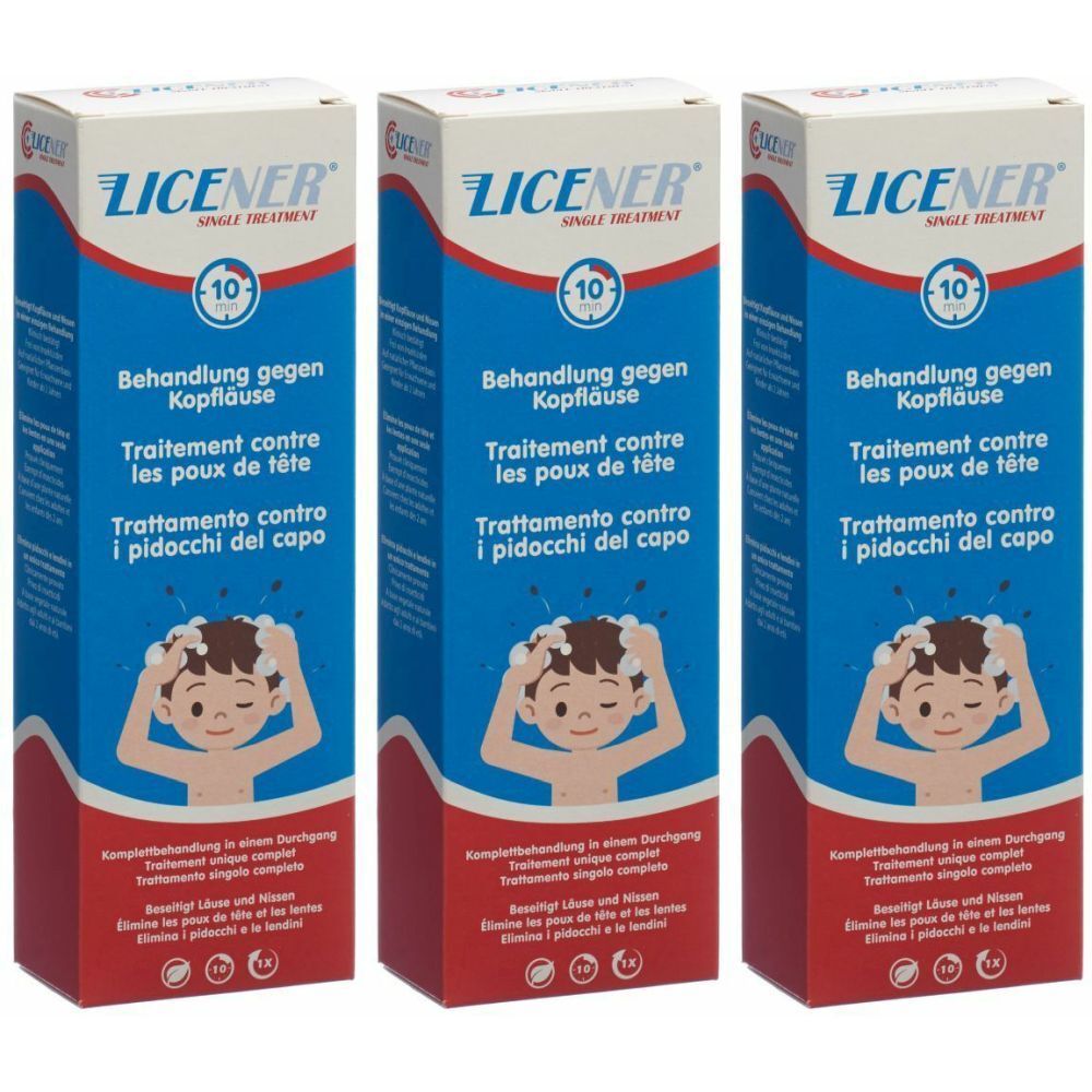 Trois boîtes de LICENER. Emballage bleu avec nom du produit, texte en allemand, français et italien. Enfant avec de la mousse sur la tête.