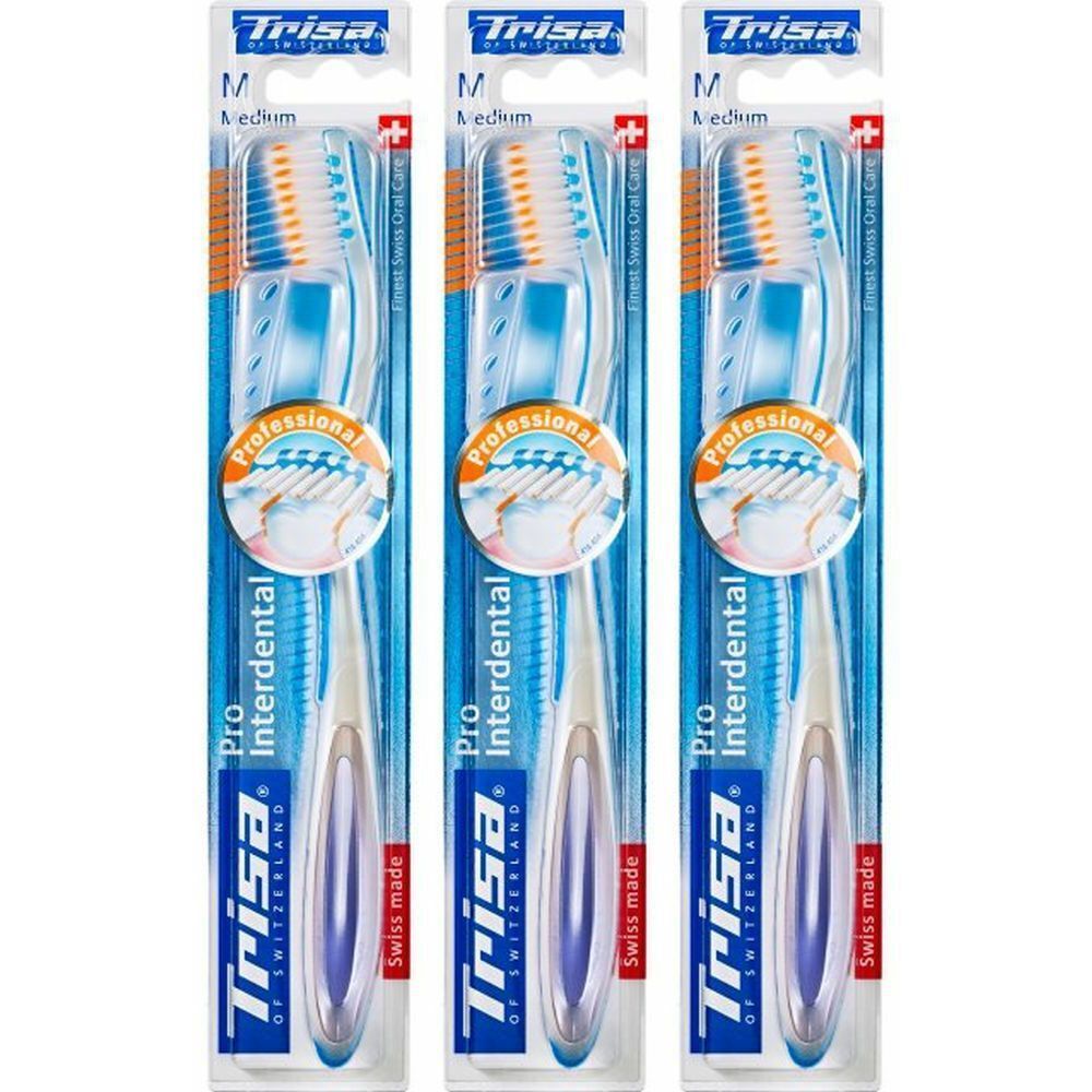 Trois brosses à dents emballées. Manches bleues, poils orange. Inscriptions: Trisa, Pro Interdental, Swiss made.