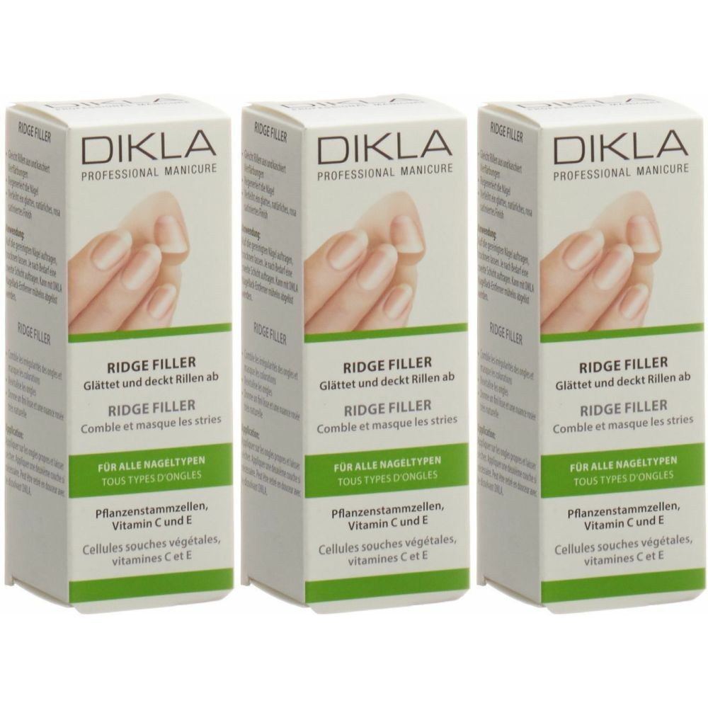 Trois boîtes de DIKLA Ridge Filler. Inscription : Lisse et masque les stries. Contient des cellules souches végétales, Vitamine C et E.