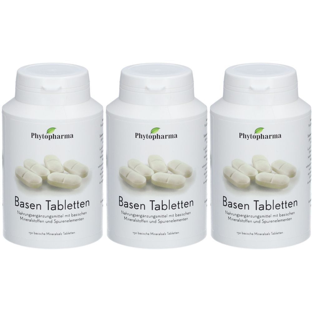 Trois flacons blancs de comprimés. Chaque flacon porte l'inscription "Phytopharma Basen Tabletten".
