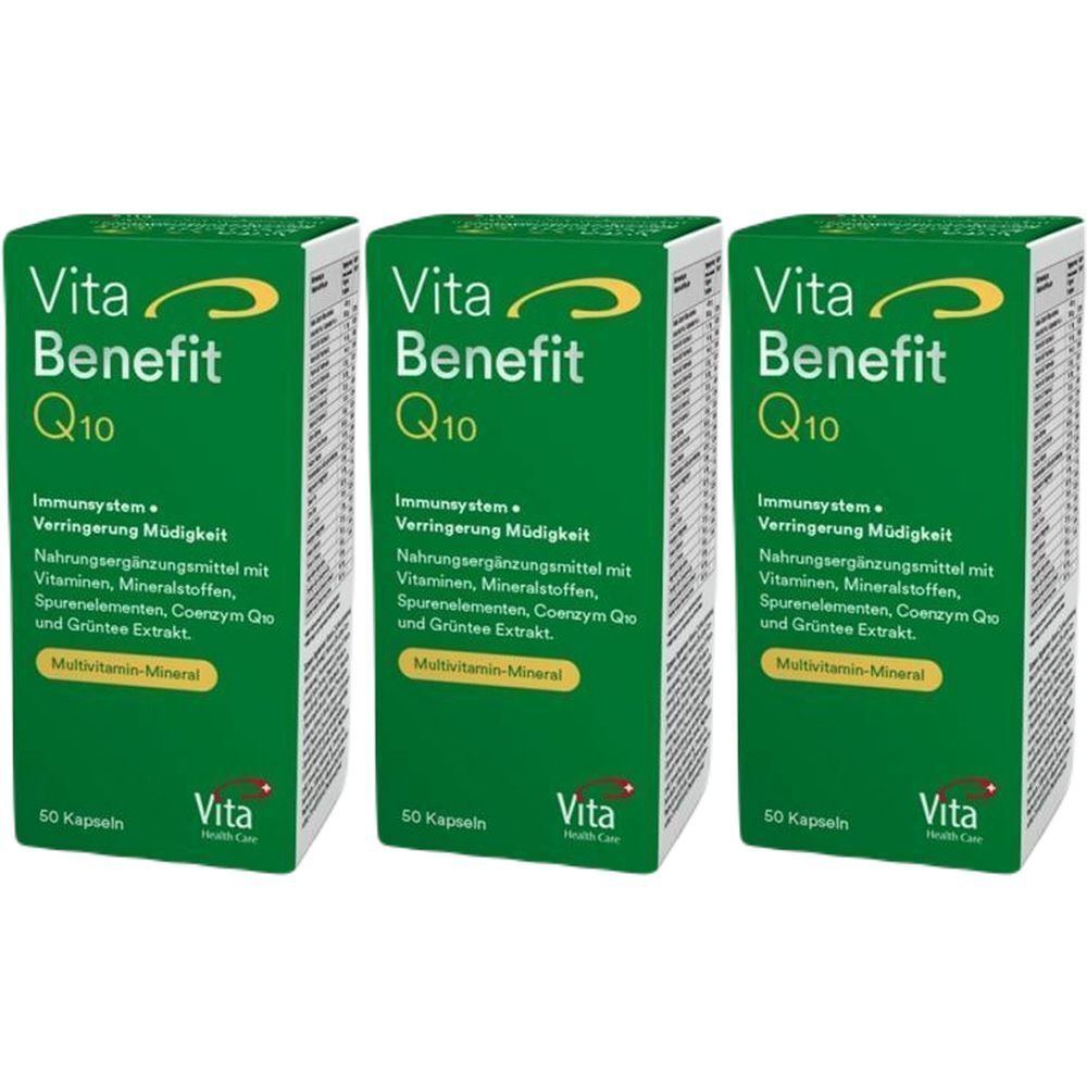 Trois boîtes vertes avec "Vita Benefit Q10". Contient des compléments alimentaires avec vitamines, minéraux, oligo-éléments, coenzyme Q10 et extrait de thé vert.