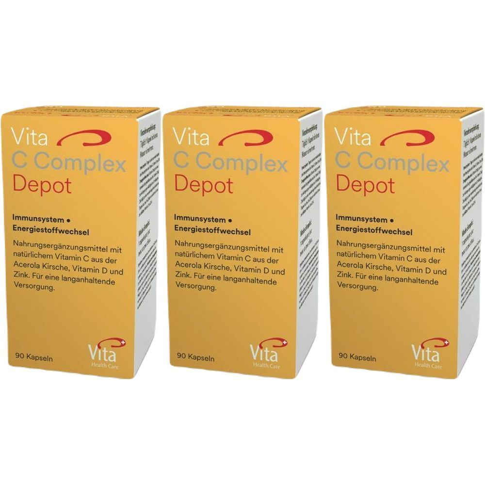 Trois boîtes jaunes avec "Vita C Complex Depot". Complément alimentaire avec vitamine C, D et zinc. 90 gélules.