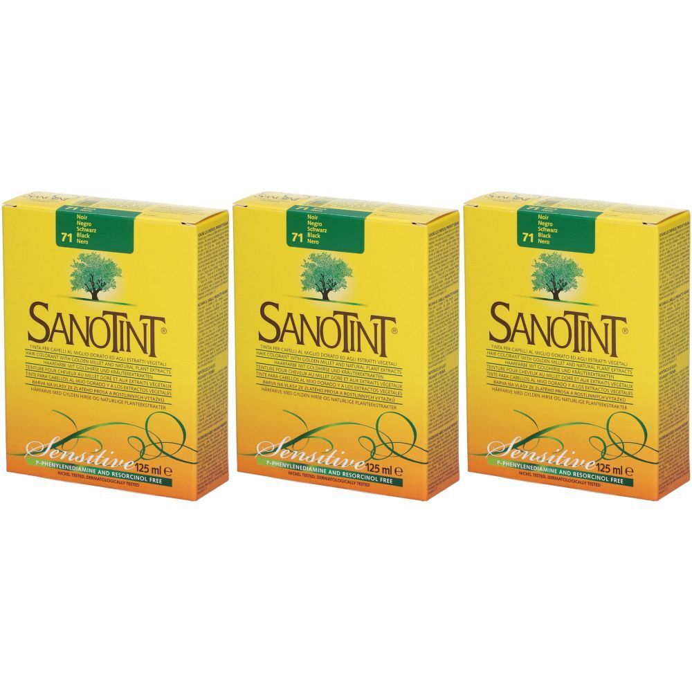 Trois boîtes jaunes avec logo SANOTINT et nom du produit. Inscriptions : Sensitive, 125 ml, 71 Noir.