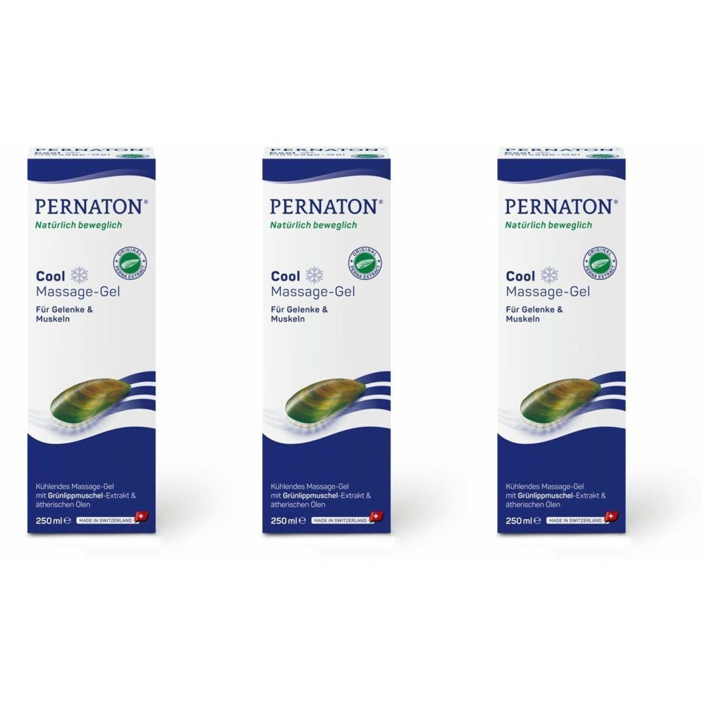 Trois boîtes de PERNATON Cool Massage-Gel. Emballage blanc avec bande bleue, logo vert et nom du produit. 250ml.