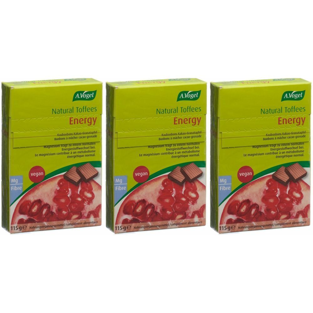 Trois boîtes de A. Vogel Natural Toffees Energy. Inscription : vegan, Mg Fibre. Illustration d'une moitié de grenade et de toffees.