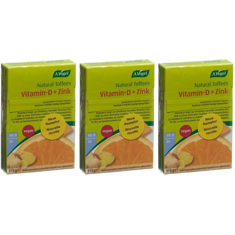 Trois boîtes de bonbons A. Vogel Vitamin-D + Zinc. Emballage vert-jaune avec nom du produit, symbole vitamine D, logo vegan et image d'orange.